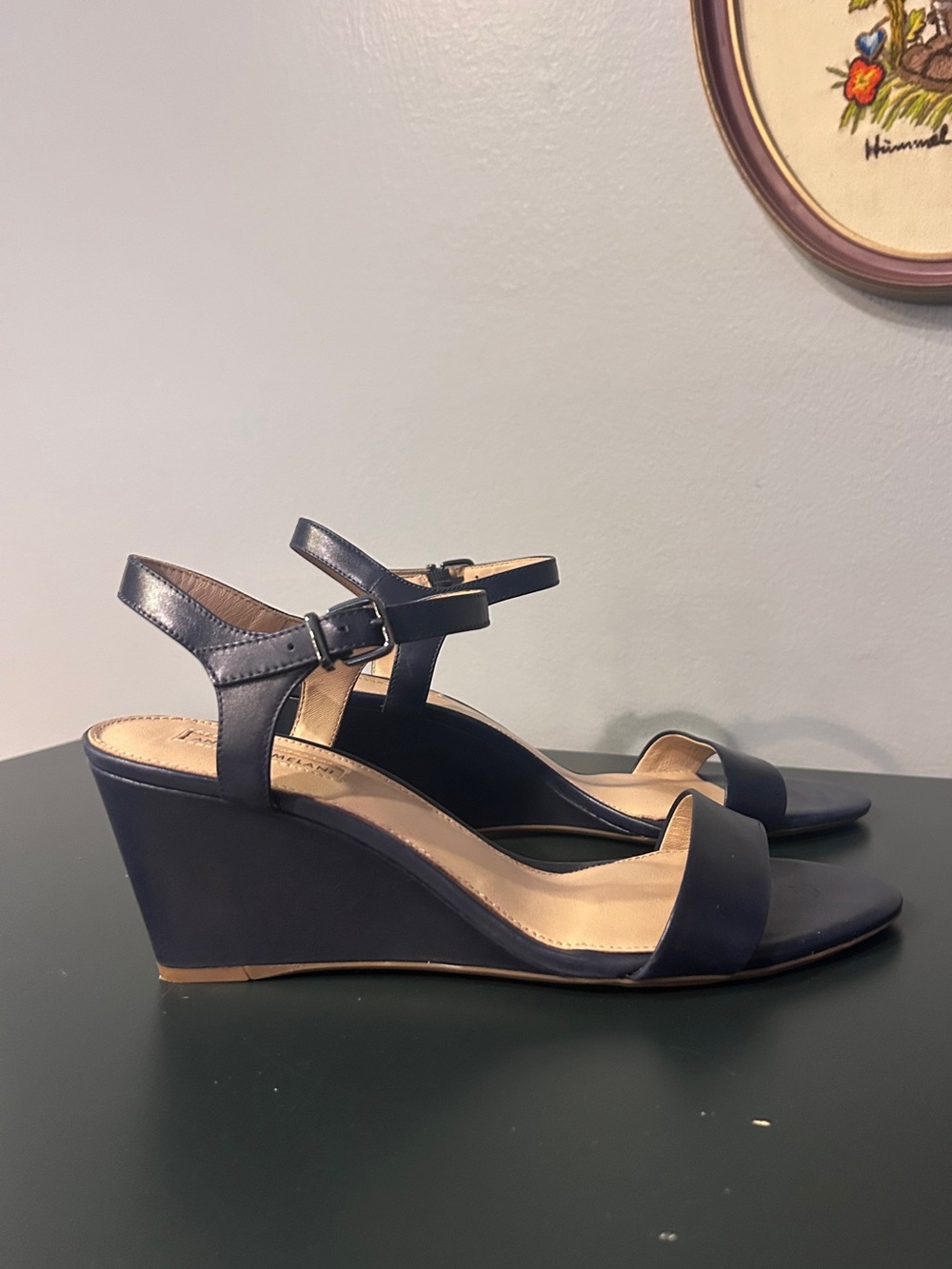 Antonio Melani Wedge Heel Ankle Strap Sandals Navy Blue Size 10